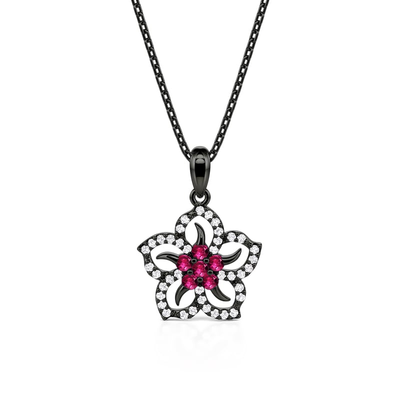 Jeulia Collar Gótico Negro Flor Colmillos en Plata de Ley