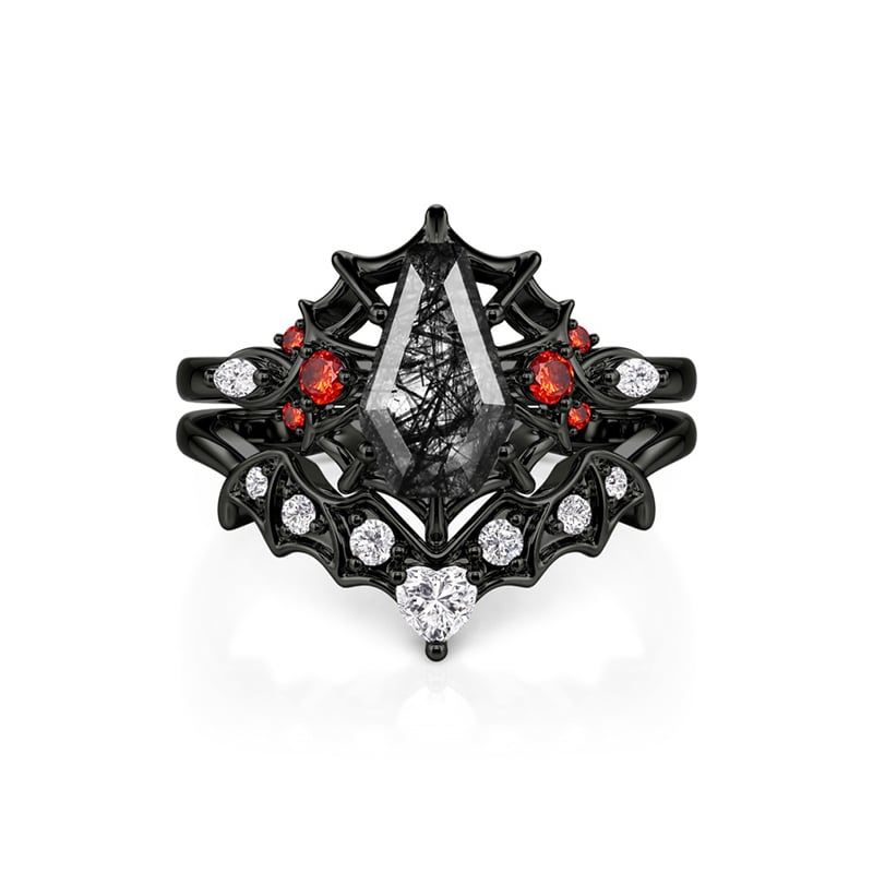 Jeulia Coffin Cut Black Rutilated Quartz Ring Set with Spider Web