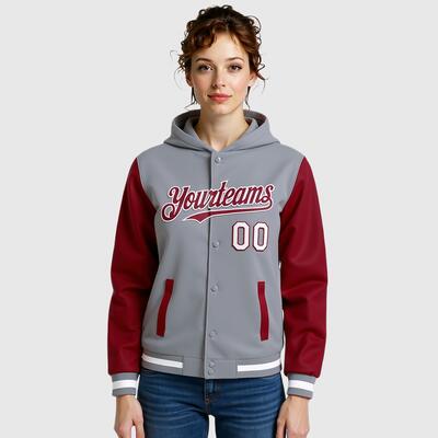 Custom Hoodie Jacket Gray Crimson-White Bomber Full-Snap Varsity Letterman Two Tone Hoodie Jacket
