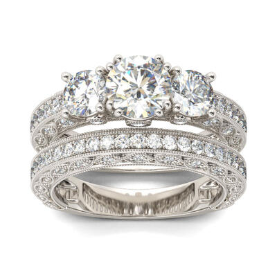 Jeulia Conjunto De Anillos Milgrain Con Tres Piedras De Talla Redonda En Plata De Ley