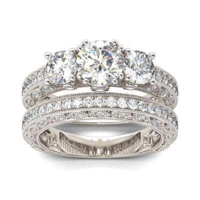 Jeulia Three Stone Milgrain Round Cut Sterling Silver Ring Set