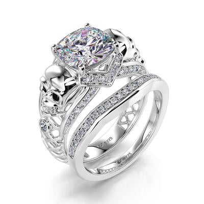 Jeulia Anillo de Boda de Plata de Ley con Dos Calaveras Huecas y Corte Cojín