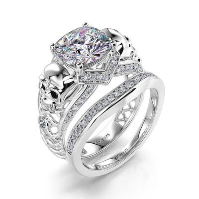 Jeulia "Until Death" Hollow Two Skull Cushion Cut Sterling Silver Ring