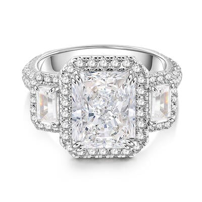 Jeulia Three Stone Emerald Cut Sterling Silver Ring