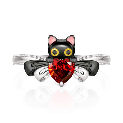 Jeulia Petland Two Tone Cute Black Cat Heart Bow Ring