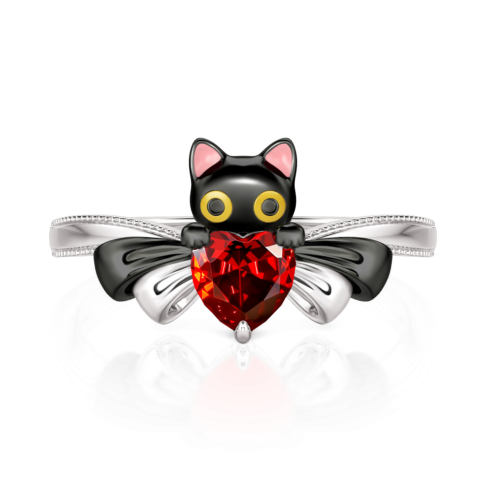 Jeulia Petland Two Tone Cute Black Cat Heart Bow Ring