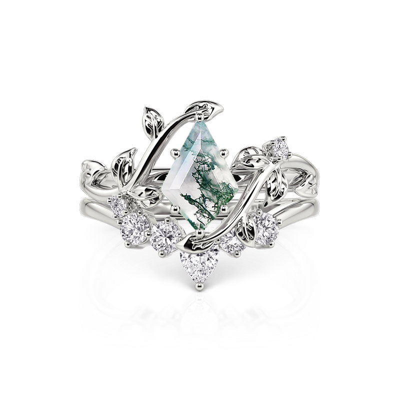 Jeulia Leaf Wrap Moss Agate Ring Set  Sterling Silver