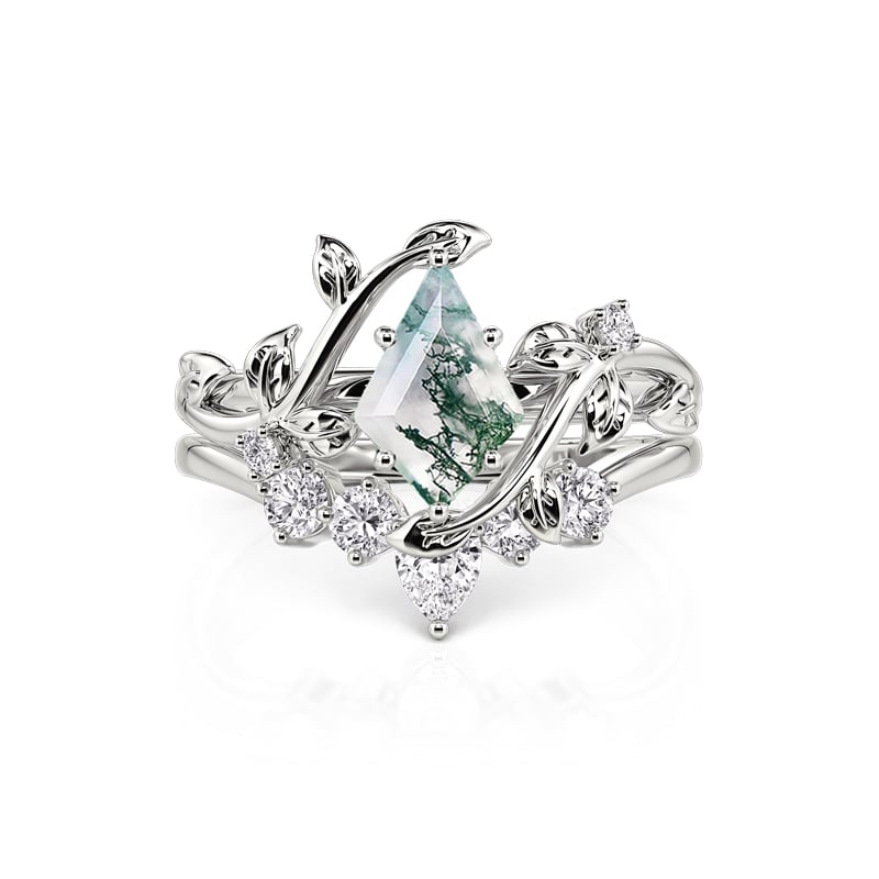Jeulia Leaf Wrap Moss Agate Ring Set Sterling Silver