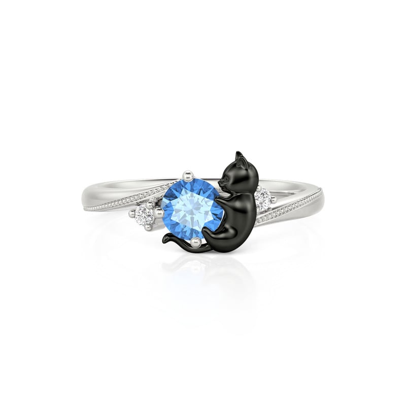 Jeulia Hug Me Bypass Custom Round Birthstone Black Cat Ring