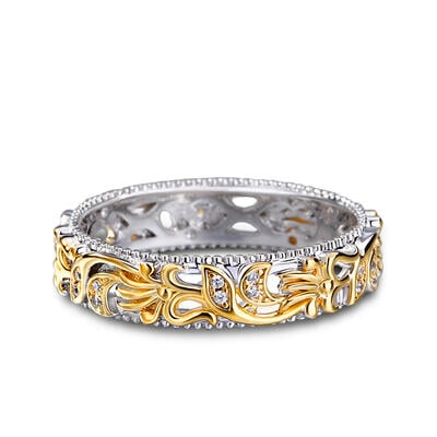 Jeulia Two Tone Floral and Leaf Carved Unique Sterling Silver Women's Band