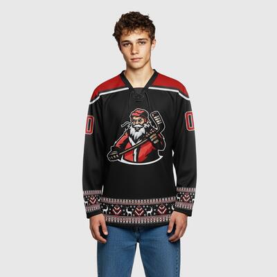 Custom Black Red-White Christmas Santa Claus 3D Hockey Lace Neck Jersey
