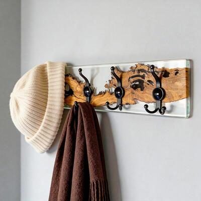 Rustic Clear Resin-Wood Wall Coat & Key Rack | Reslol Artisanal Housewarming Gift