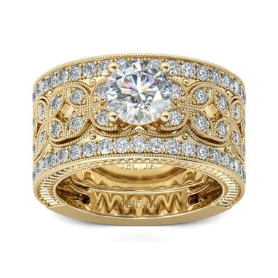 Jeulia Gold Tone Milgrain Round Cut Sterling Silver Ring Set