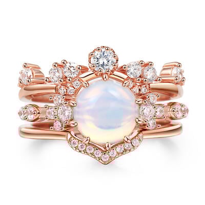 Jeulia "Ethereal Beauty" Three Piece Moonstone Sterling Silver Ring Set