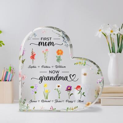 Personalized Heart Shaped Acrylic Plaque Custom Birth Flowers First Mom ...