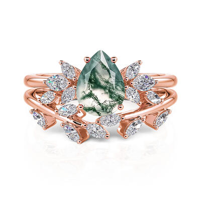Jeulia Forest Deciduous Pear Cut Moss Agate Ring Set