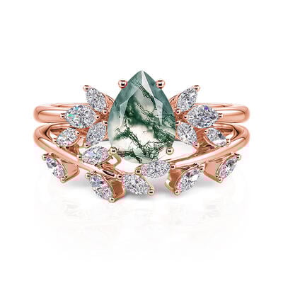 Jeulia Forest Deciduous Pear Cut Moss Agate Ring Set