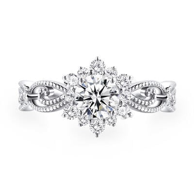 Jeulia Vintage Halo Snow Open Ring Milgrain Sterling Silver Round Cut