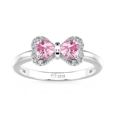 Jeulia Anillo de Promesa Simple con Dos Corazones con Lazo Rosa de Plata de Ley
