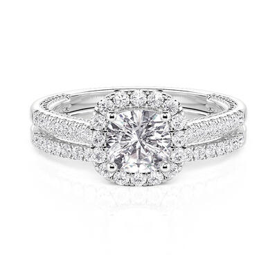 Jeulia Cushion Cut Halo Eternity Engagement Ring Set 2PCS