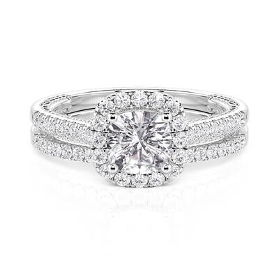 Jeulia Cushion Cut Halo Eternity Engagement Ring Set 2PCS