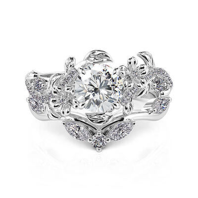 Jeulia Vine Flower Leaf Round Cut Bridal Ring Set 2PCS