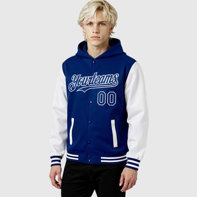 Custom Hoodie Jacket Royal White Bomber Full-Snap Varsity Letterman Two Tone Hoodie Jacket