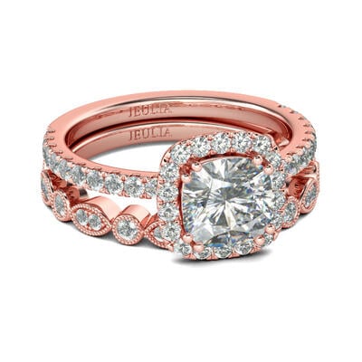 Jeulia Rose Gold Tone Halo Cushion Cut Sterling Silver Ring Set