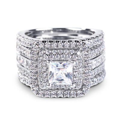 Jeulia Three Halo Princess Cut Sterling Silver Enhancer Ring Set