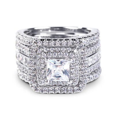 Jeulia Three Halo Princess Cut Sterling Silver Enhancer Ring Set