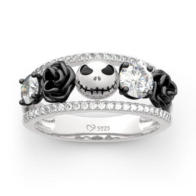 Jeulia Floral Design Round Cut Sterling Silver Skull Ring