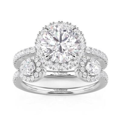 Jeulia Three Stone Halo Wedding Ring Set Sterling Silver 2PCS