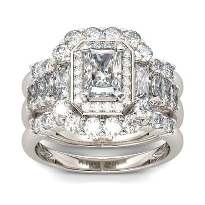 Jeulia Terno De Anillos Con Halo De Talla Radiante En Plata De Ley