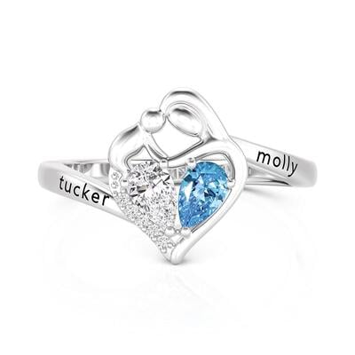 Jeulia Custom Mother-Child Heart Ring with Birthstone Engraving
