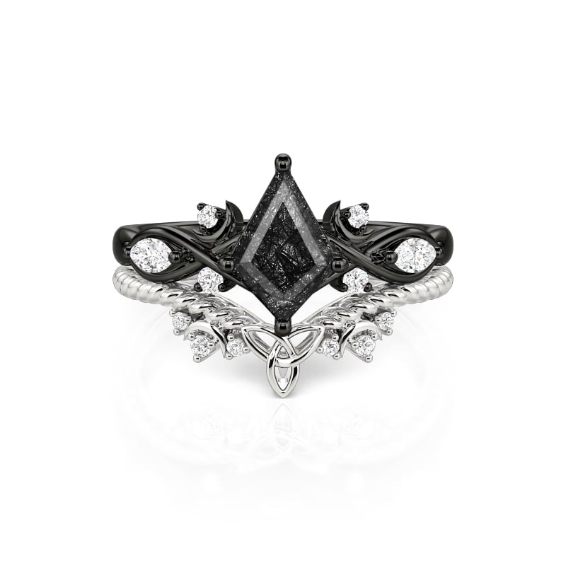 Jeulia Celtic Moon Kite Cut Black Rutilated Quartz Ring Set