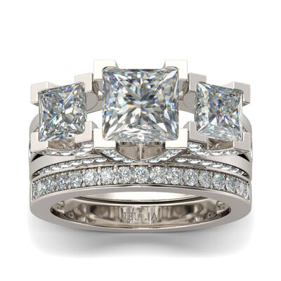 Jeulia Three Stone Princess Cut Sterling Silver Ring Set