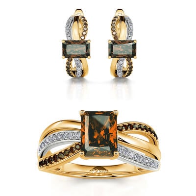 Jeulia "Delicious Coffee" Two Tone Crossover Emerald Cut Sterling Silver Jewelry Set