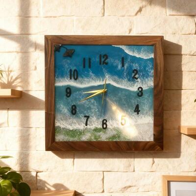 Whispering Tides Handcrafted Resin Clock - Natural Wood Frame   