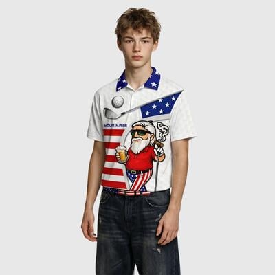Custom American Flag Golf Polo Shirt, Funny Old Golfer with Beer & Cigar Print, Personalized Team Name & Number