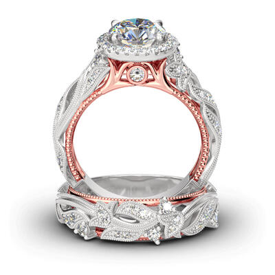 Jeulia Leaf Design Round Cut Sterling Silver Ring Set