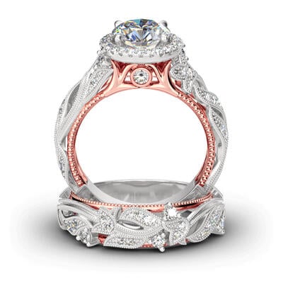 Jeulia Leaf Design Round Cut Sterling Silver Ring Set