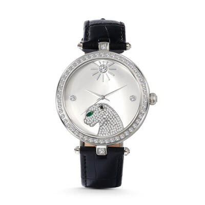 Jeulia "Wild and Free" Leopard Quartz Black Leather Watch with Silver-Tone Dial