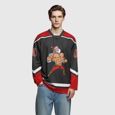 Custom Black Red-White Christmas Santa Claus 3D Hockey Lace Neck Jersey