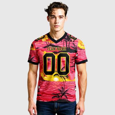 Hawaiian Sunset Football Jerseys Gradient Orange-Pink Colorway & Custom Tribal Patterns Beach Tournament Edition