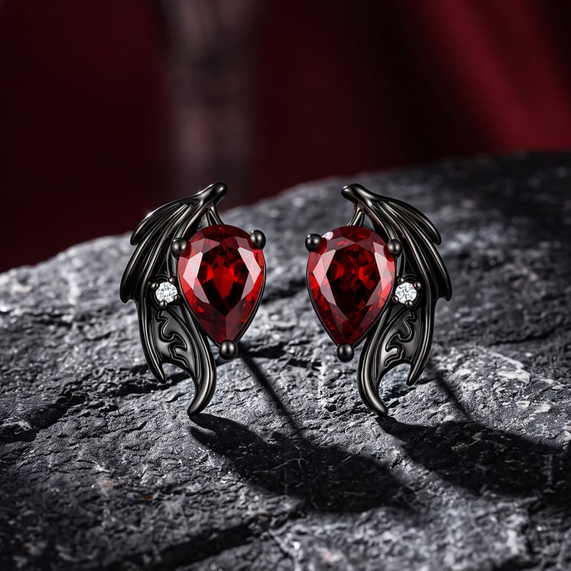 Jeulia Until Death Gothic Red Teardrop Bat Wing Stud Earrings