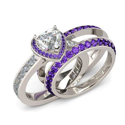 Jeulia 3PC Halo Heart Cut Sterling Silver Ring Set