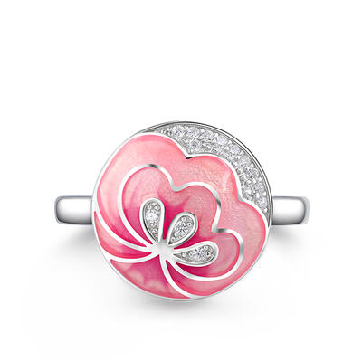 Jeulia "Pink Love" Flower Enamel Sterling Silver Ring