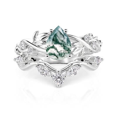 Jeulia Intertwined Leaf Pear Cut Moss Agate Ring Set
