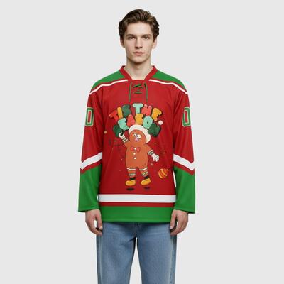 Custom Red Grass Green-White Funny Christmas 3D Hockey Lace Neck Jersey