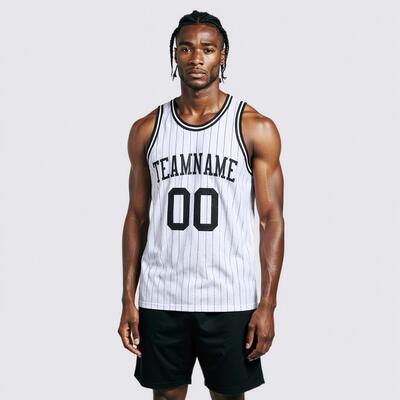 Authentic Pinstripe White Basketball Jersey - Custom Stripes, Breathable Material, Durable Stitching